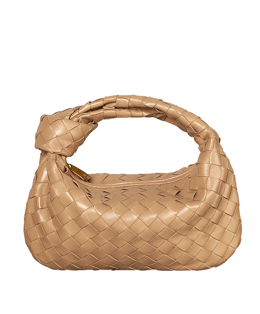 Bottega Veneta Rounded Mini Hobo Bag In Woven Leather Light Coffee